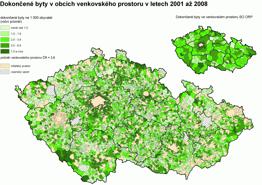 Kartogram 16. Dokončené byty v obcích venkovského prostoru v letech 2001 až 2008